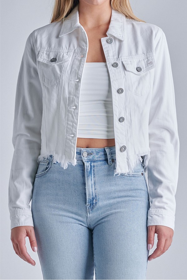 White Cropped Fitted Frayed Jacket